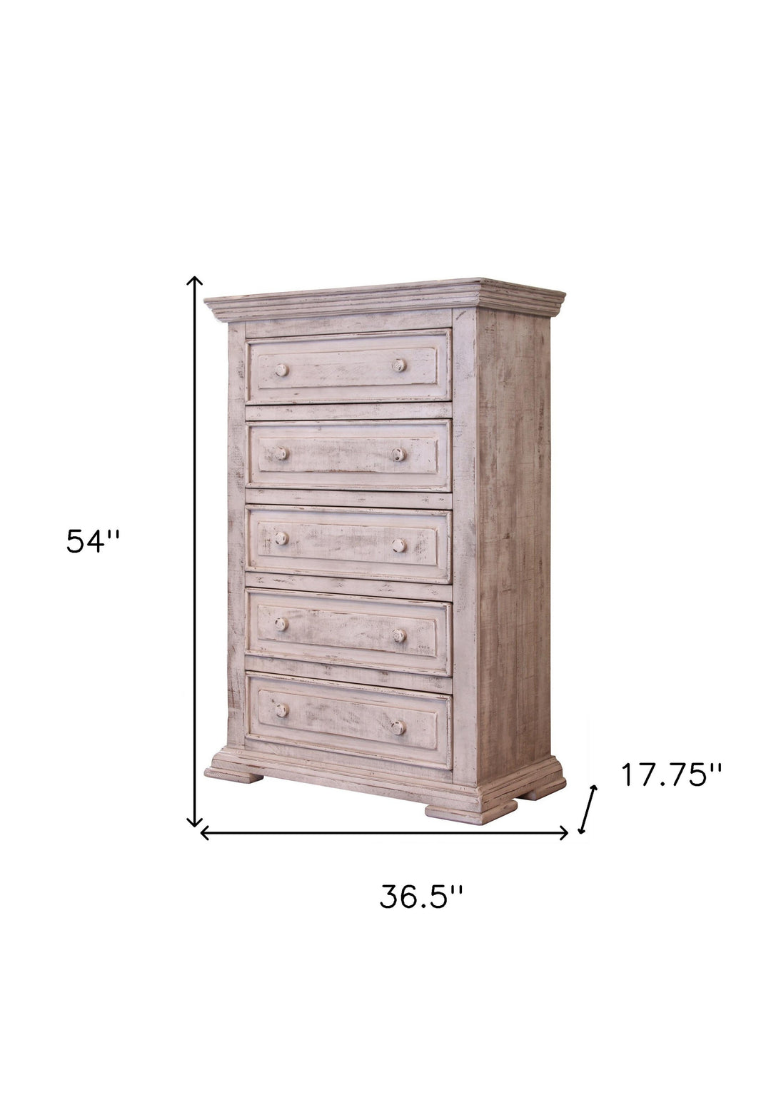 37" White Solid Wood Five Drawer Chest