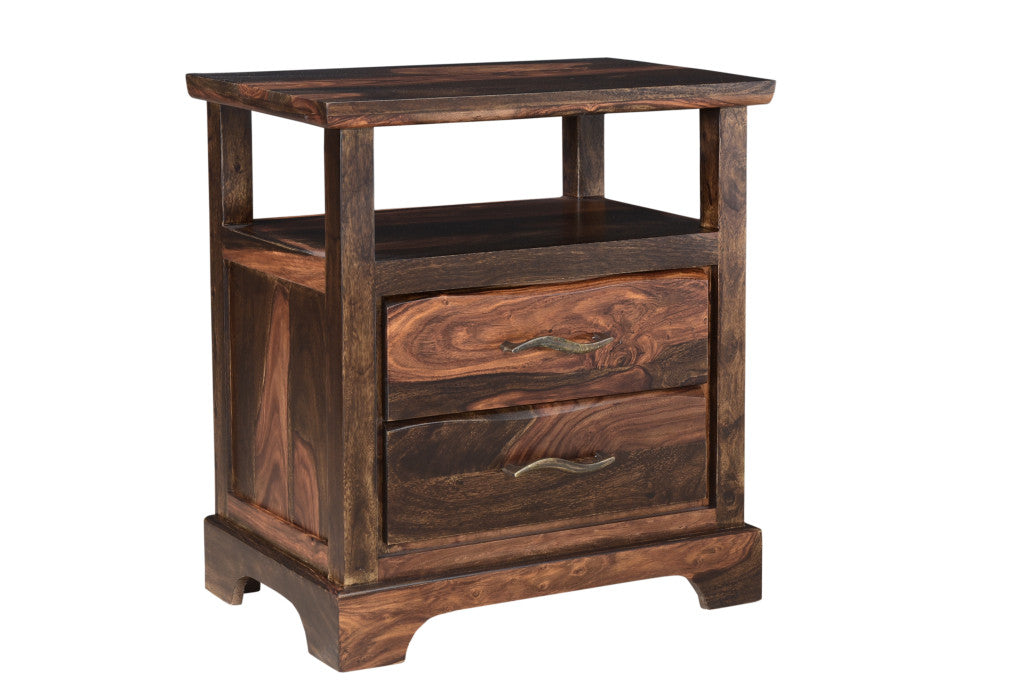 27" Dark Brown Two Drawer Solid Wood Nightstand