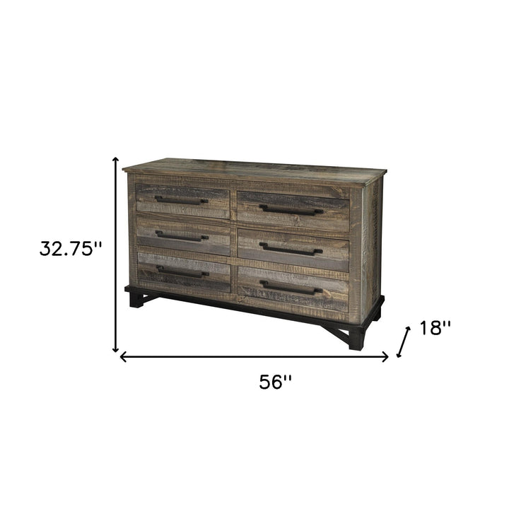 56" Brown Solid Wood Six Drawer Double Dresser