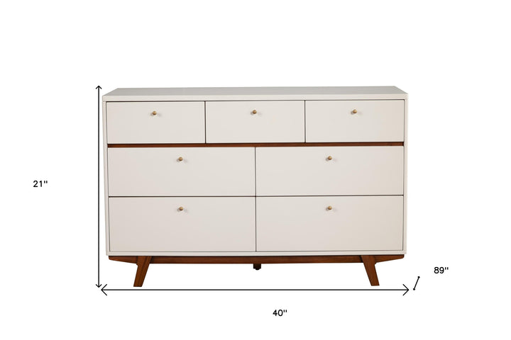 56" Brown and White Solid Wood Seven Drawer Double Dresser