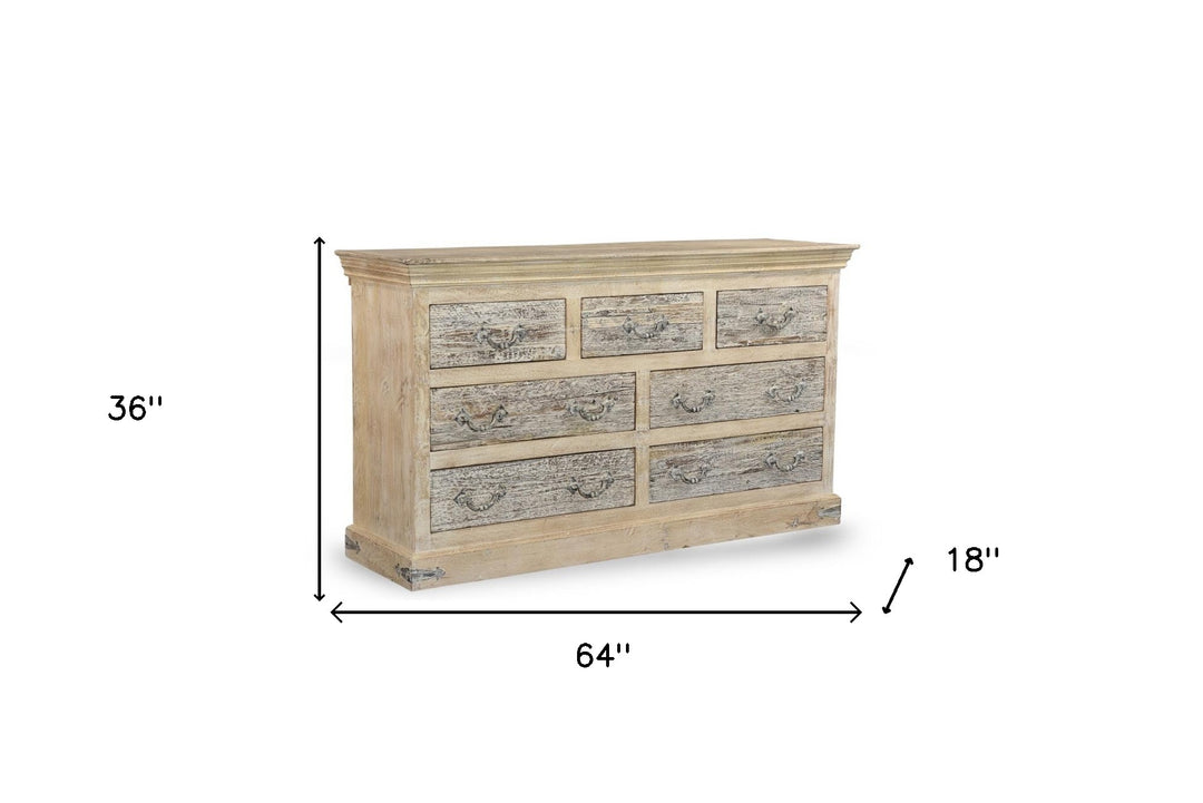 64" White Solid Wood Seven Drawer Double Dresser