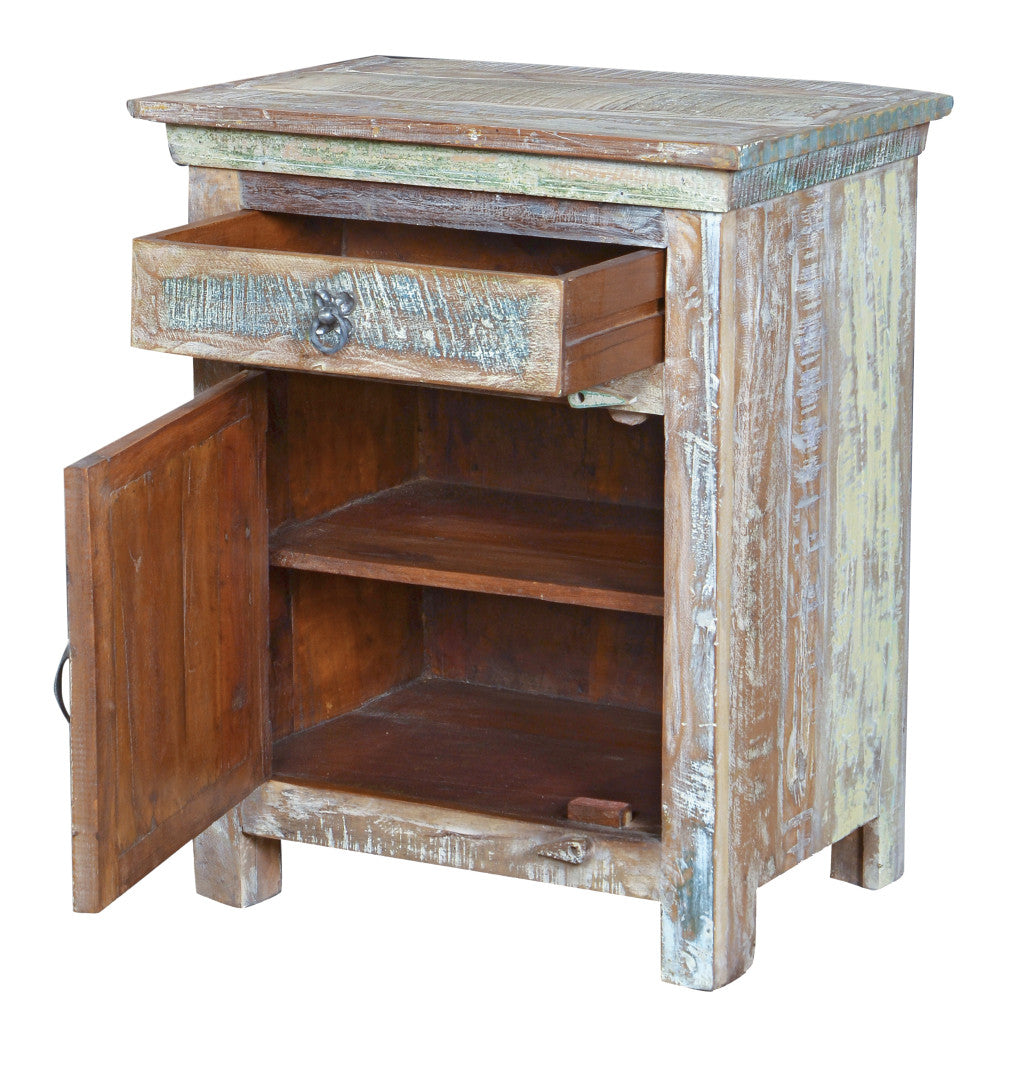 30" Distressed White One Drawer Embossed Floral Solid Wood Nightstand