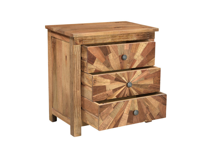 30" Brown Three Drawer Starburst Pattern Solid Wood Nightstand