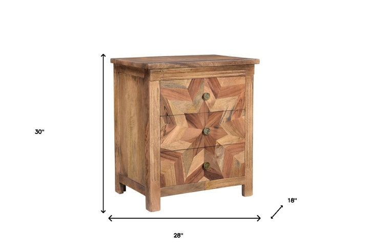 30" Brown Three Drawer Geometric Solid Wood Nightstand