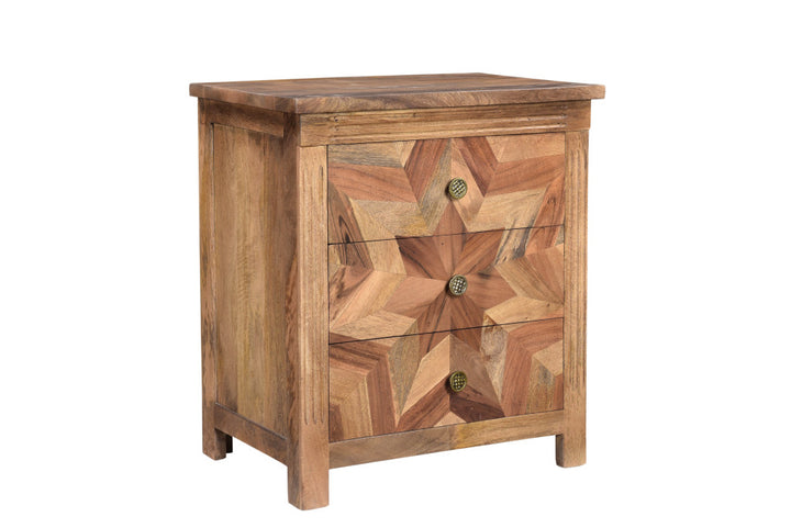 30" Brown Three Drawer Geometric Solid Wood Nightstand