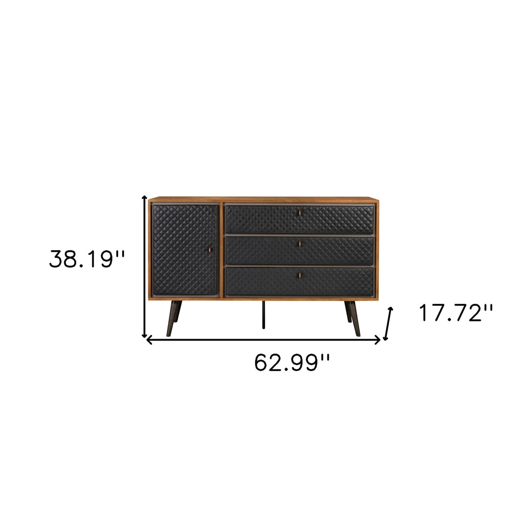 63" Brown and Black Solid Wood Three Drawer Double Dresser