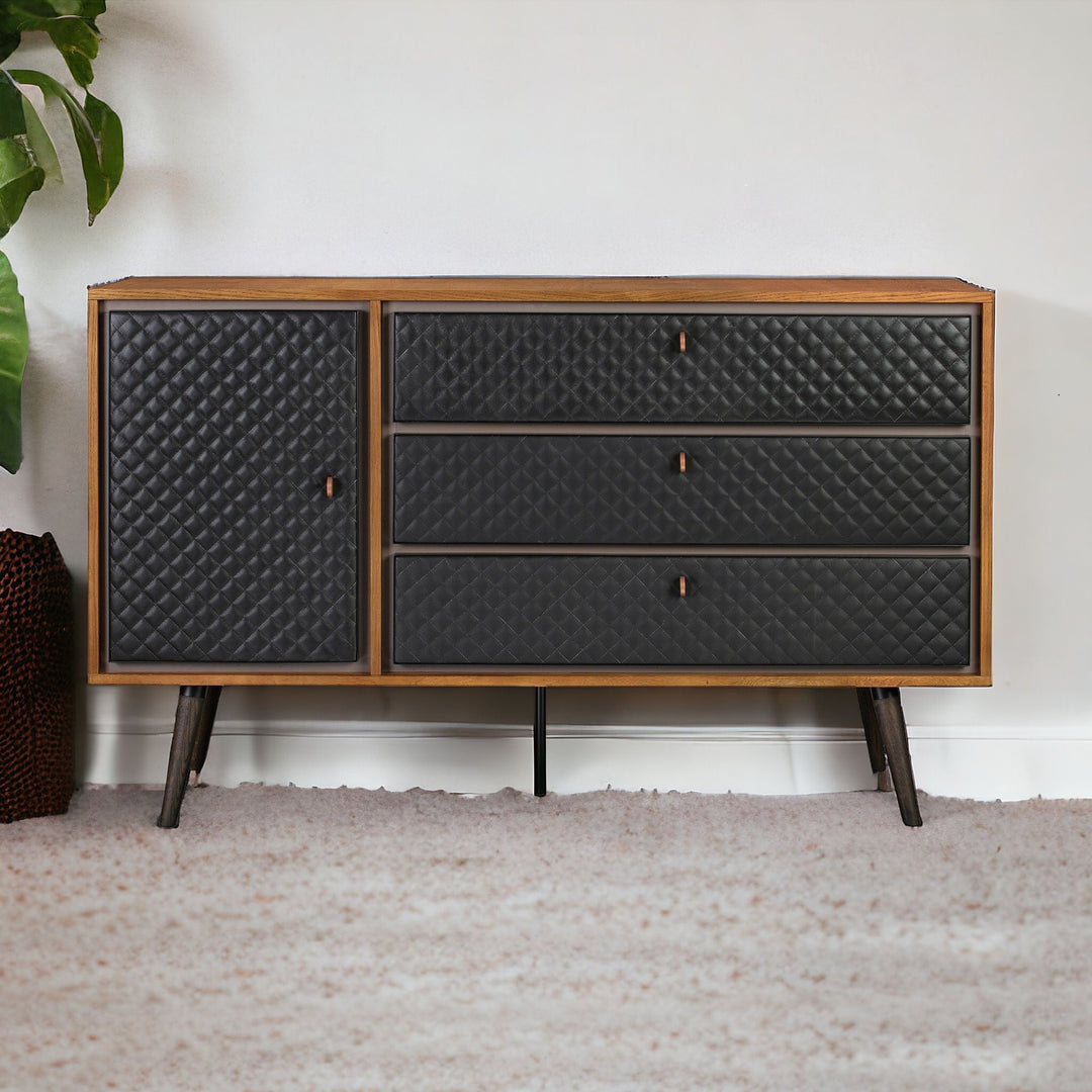 63" Brown and Black Solid Wood Three Drawer Double Dresser