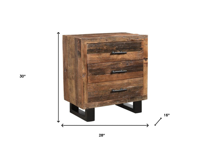 30" Distressed Dark Brown Three Drawer Wood and Metal Nightstand