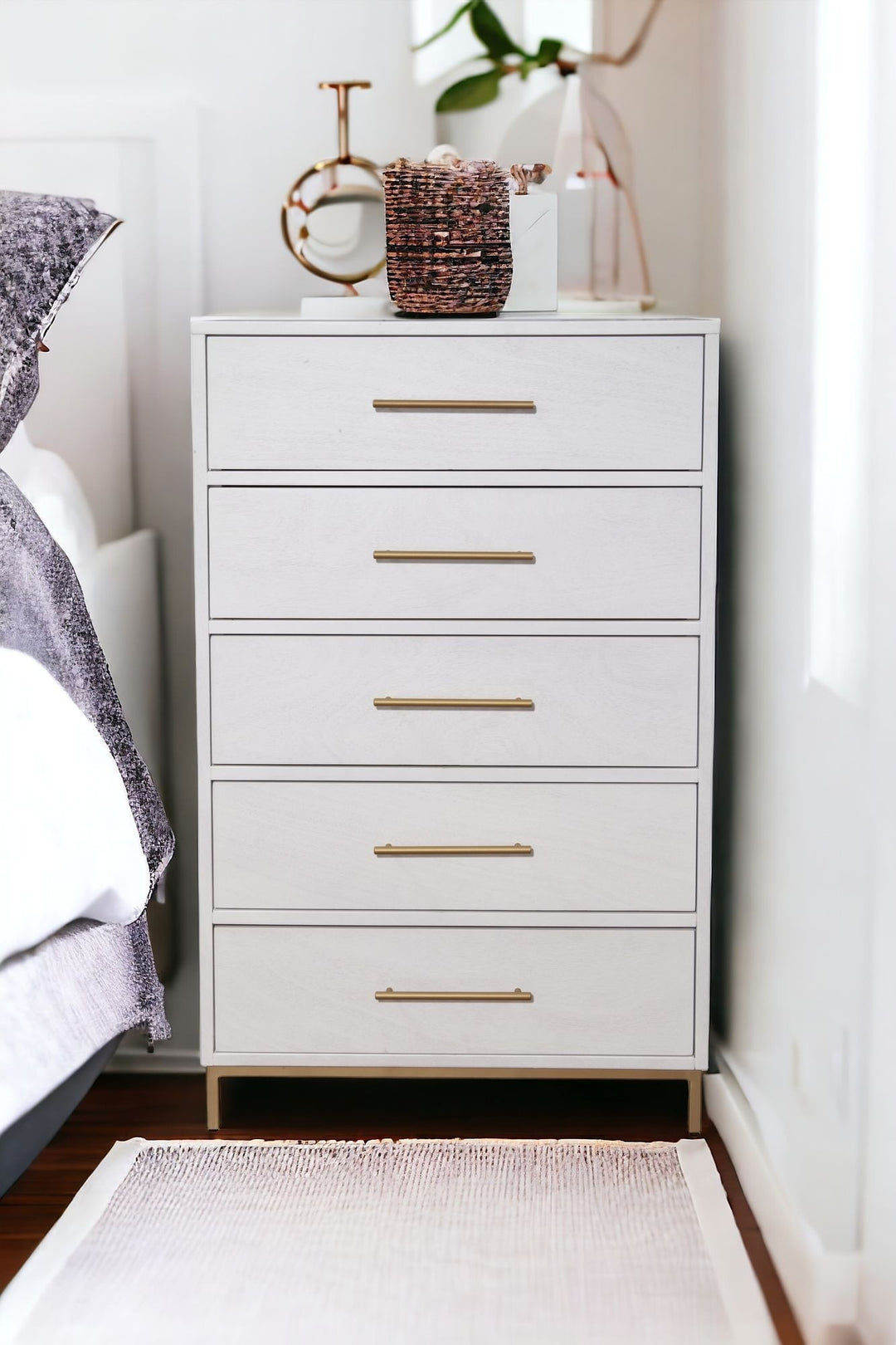 30" White Solid Wood Five Drawer Chest