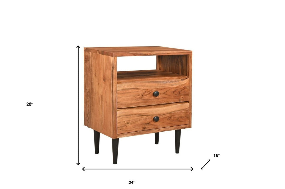 28" Brown Two Drawer Solid Wood Nightstand