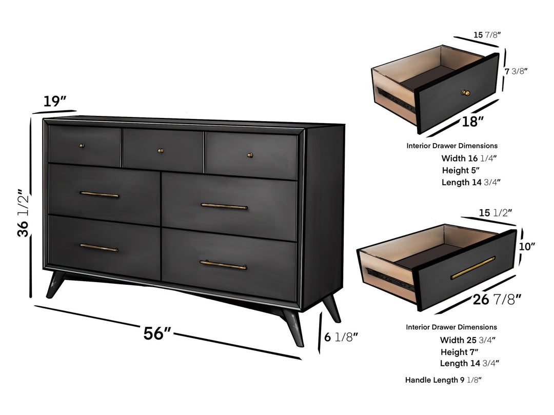 56" Black Solid Wood Seven Drawer Double Dresser