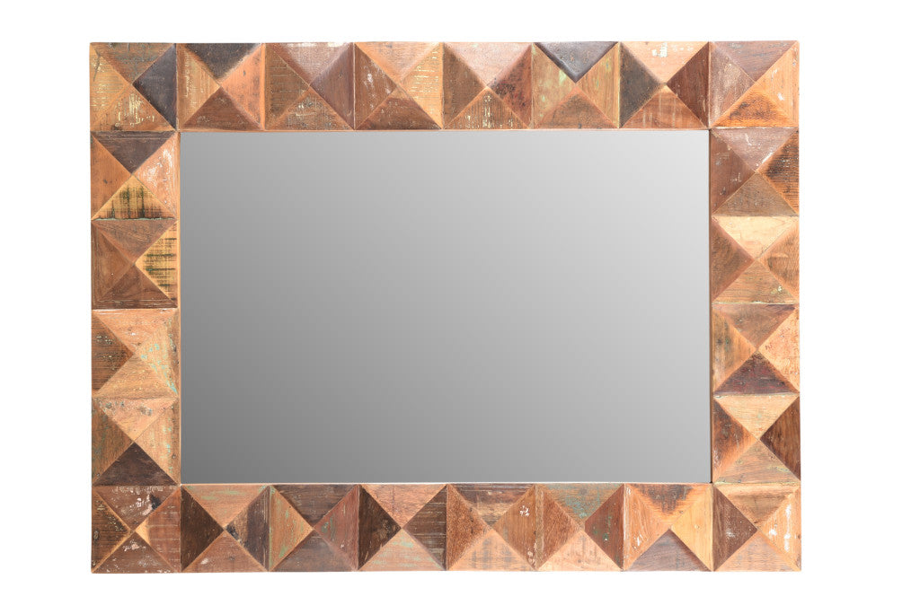 48" Brown Reclaimed Wood Geometric Faceted Framed Accent Mirror