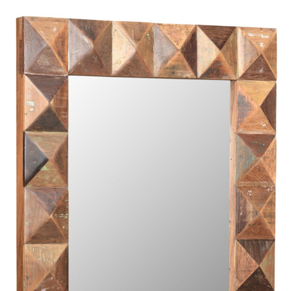 48" Brown Reclaimed Wood Geometric Faceted Framed Accent Mirror