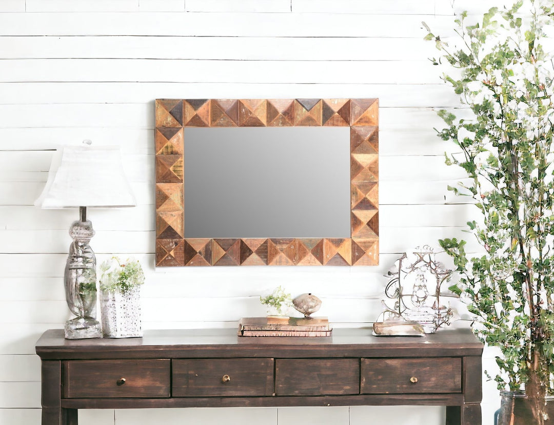 48" Brown Reclaimed Wood Geometric Faceted Framed Accent Mirror