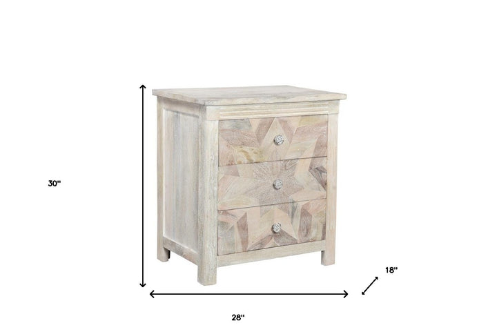 30" Distressed White Three Drawer Geometric Pattern Solid Wood Nightstand