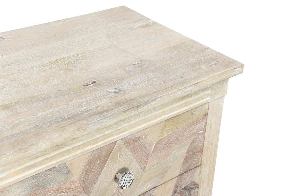 30" Distressed White Three Drawer Geometric Pattern Solid Wood Nightstand