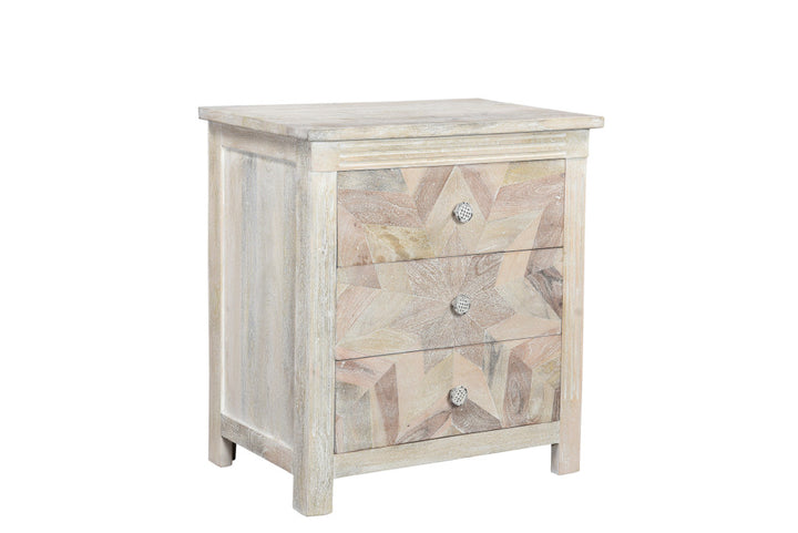 30" Distressed White Three Drawer Geometric Pattern Solid Wood Nightstand