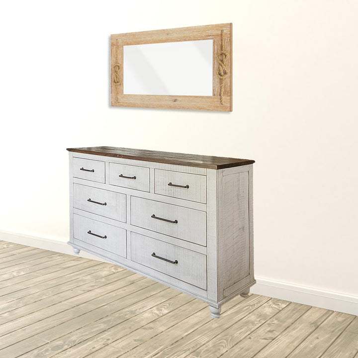 70" Brown and White Solid Wood Seven Drawer Double Dresser