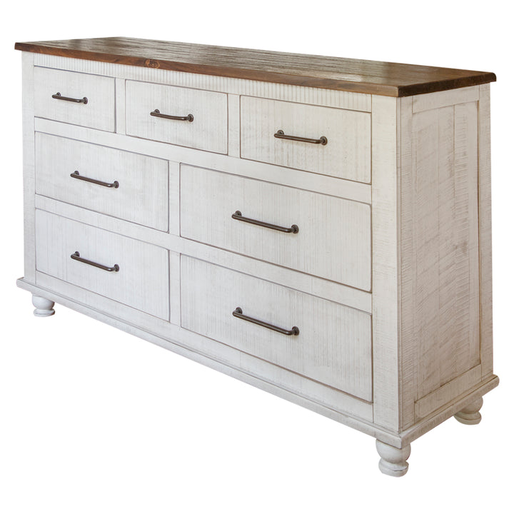 70" Brown and White Solid Wood Seven Drawer Double Dresser