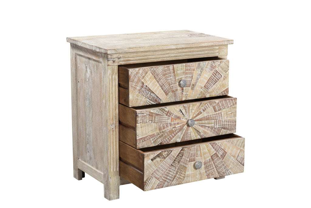 30" Distressed White Three Drawer Starburst Pattern Solid Wood Nightstand