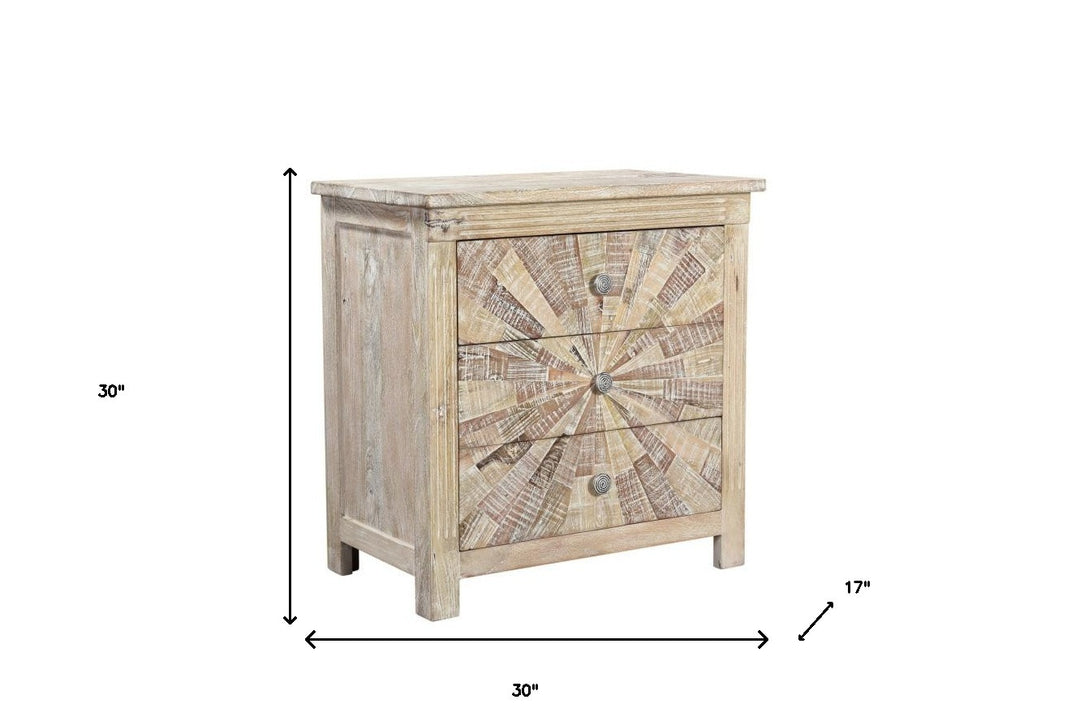 30" Distressed White Three Drawer Starburst Pattern Solid Wood Nightstand