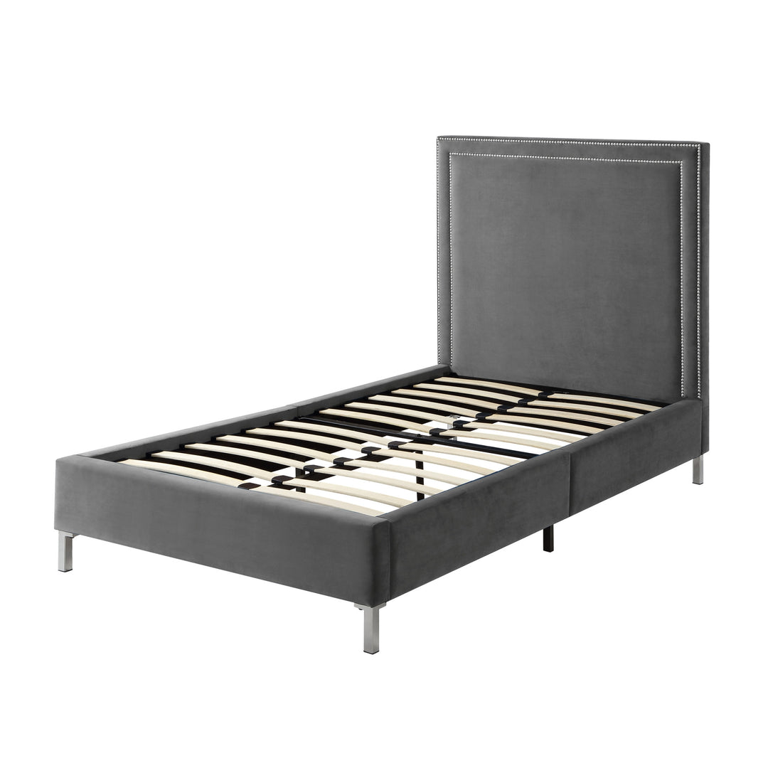 Gray Solid Wood Full Upholstered Velvet Bed with Nailhead Trim