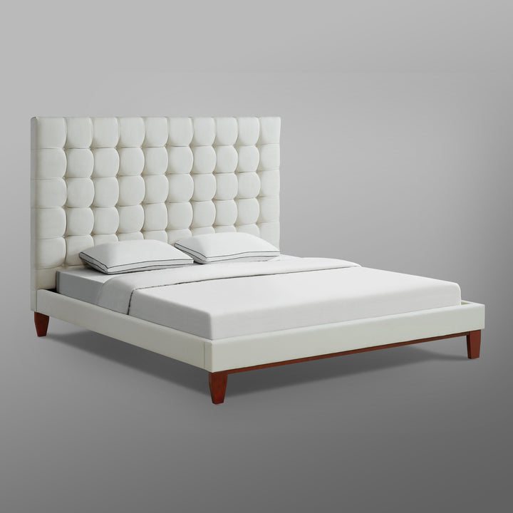 Beige Solid Wood King Tufted Upholstered Linen Bed