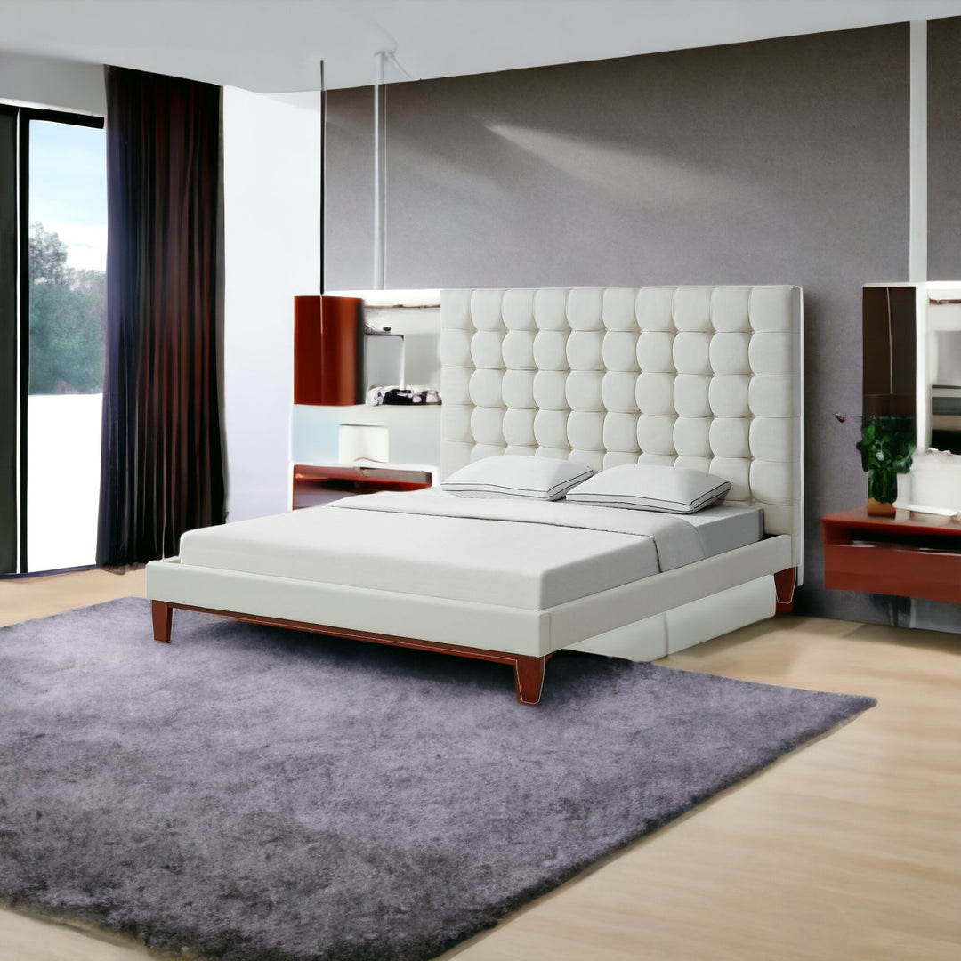 Beige Solid Wood King Tufted Upholstered Linen Bed