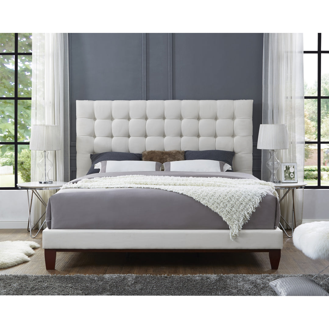 Beige Solid Wood King Tufted Upholstered Linen Bed