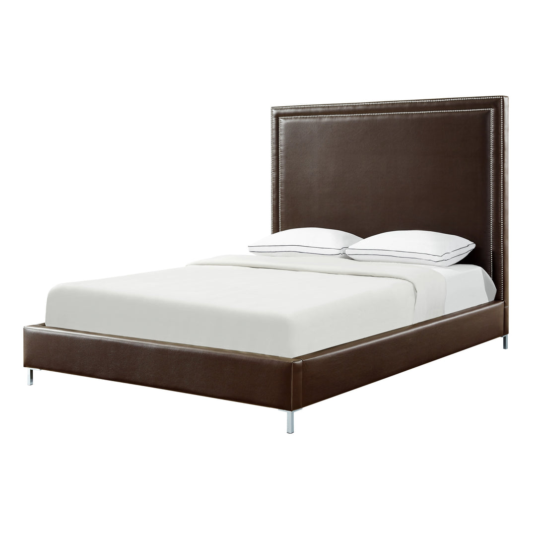 Espresso Solid Wood King Upholstered Faux Leather Bed with Nailhead Trim