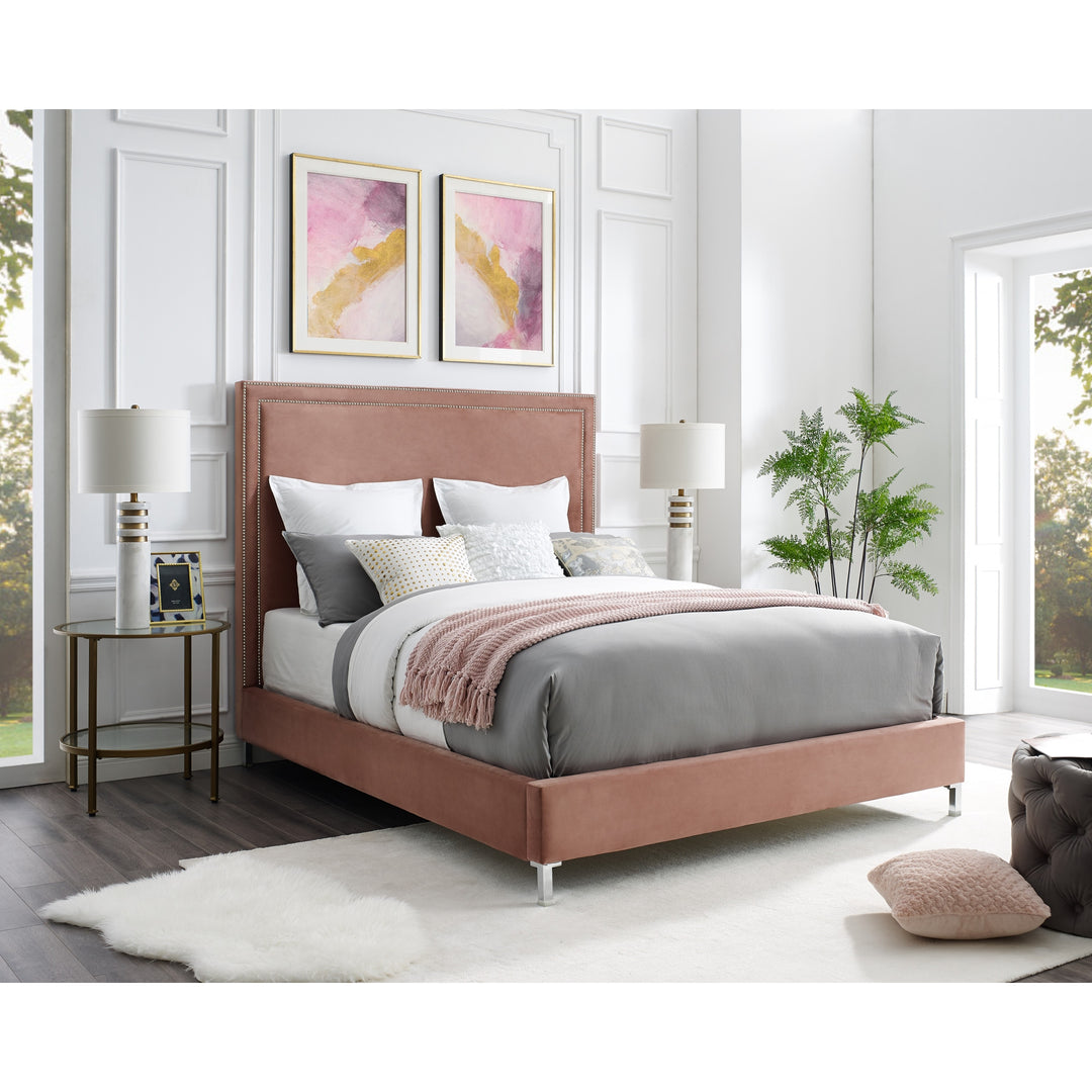 Blush Solid Wood Queen Upholstered Velvet Bed with Nailhead Trim