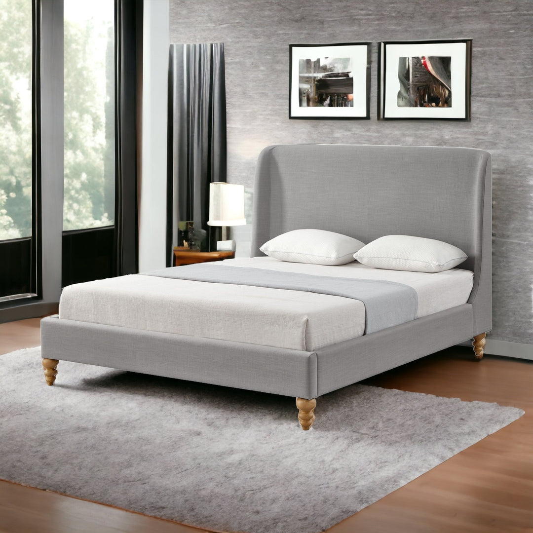 Gray Solid Wood Queen Upholstered Linen Bed