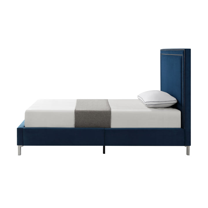 Navy Blue Solid Wood Twin Upholstered Velvet Bed with Nailhead Trim