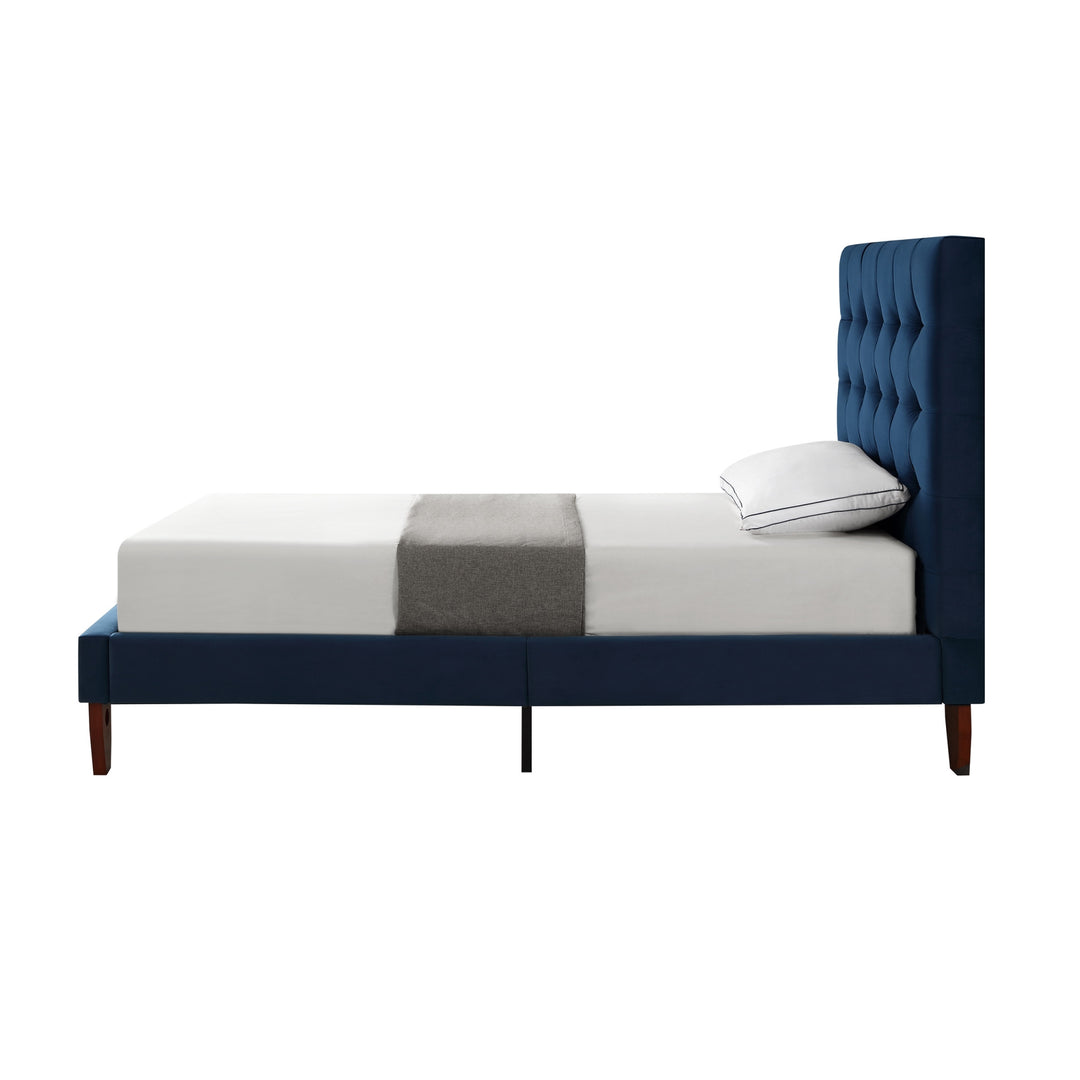 Navy Blue Solid Wood Twin Tufted Upholstered Velvet Bed