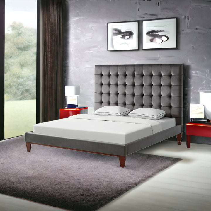 Gray Solid Wood King Tufted Upholstered Velvet Bed