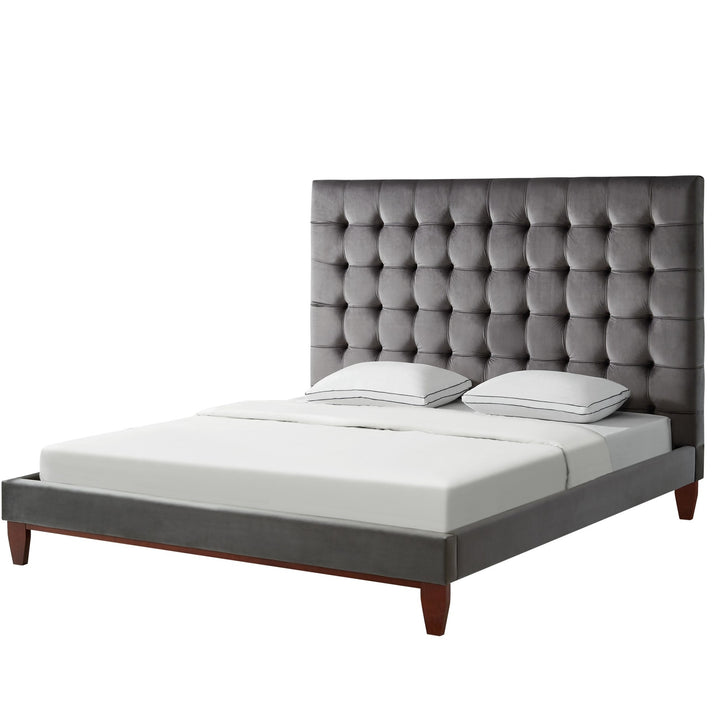 Gray Solid Wood King Tufted Upholstered Velvet Bed