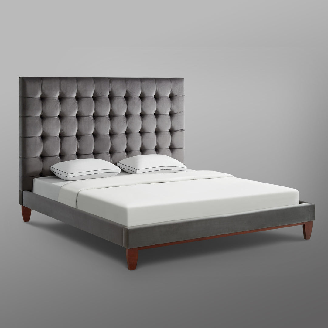 Gray Solid Wood King Tufted Upholstered Velvet Bed