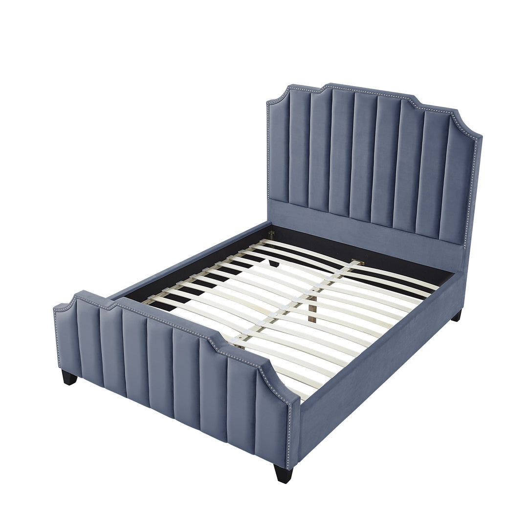 Sky Blue Solid Wood Queen Tufted Upholstered Velvet Bed with Nailhead Trim