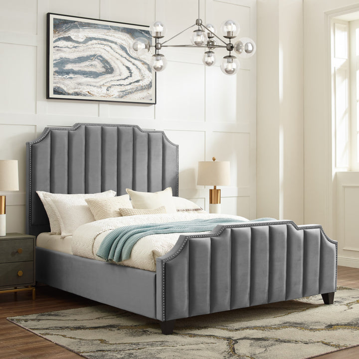 Sky Blue Solid Wood Queen Tufted Upholstered Velvet Bed with Nailhead Trim