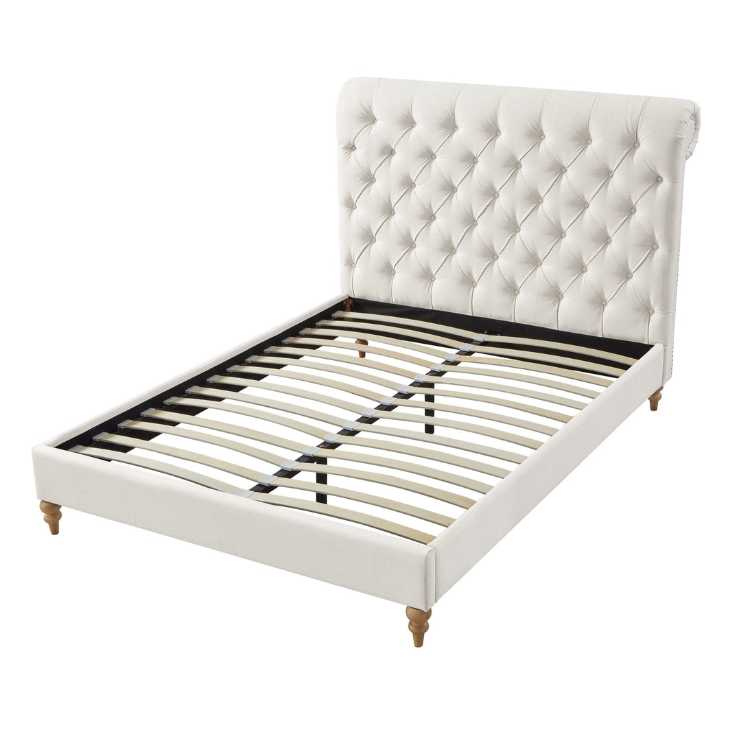 Cream Solid Wood Twin Tufted Upholstered Linen Bed with Nailhead Trim