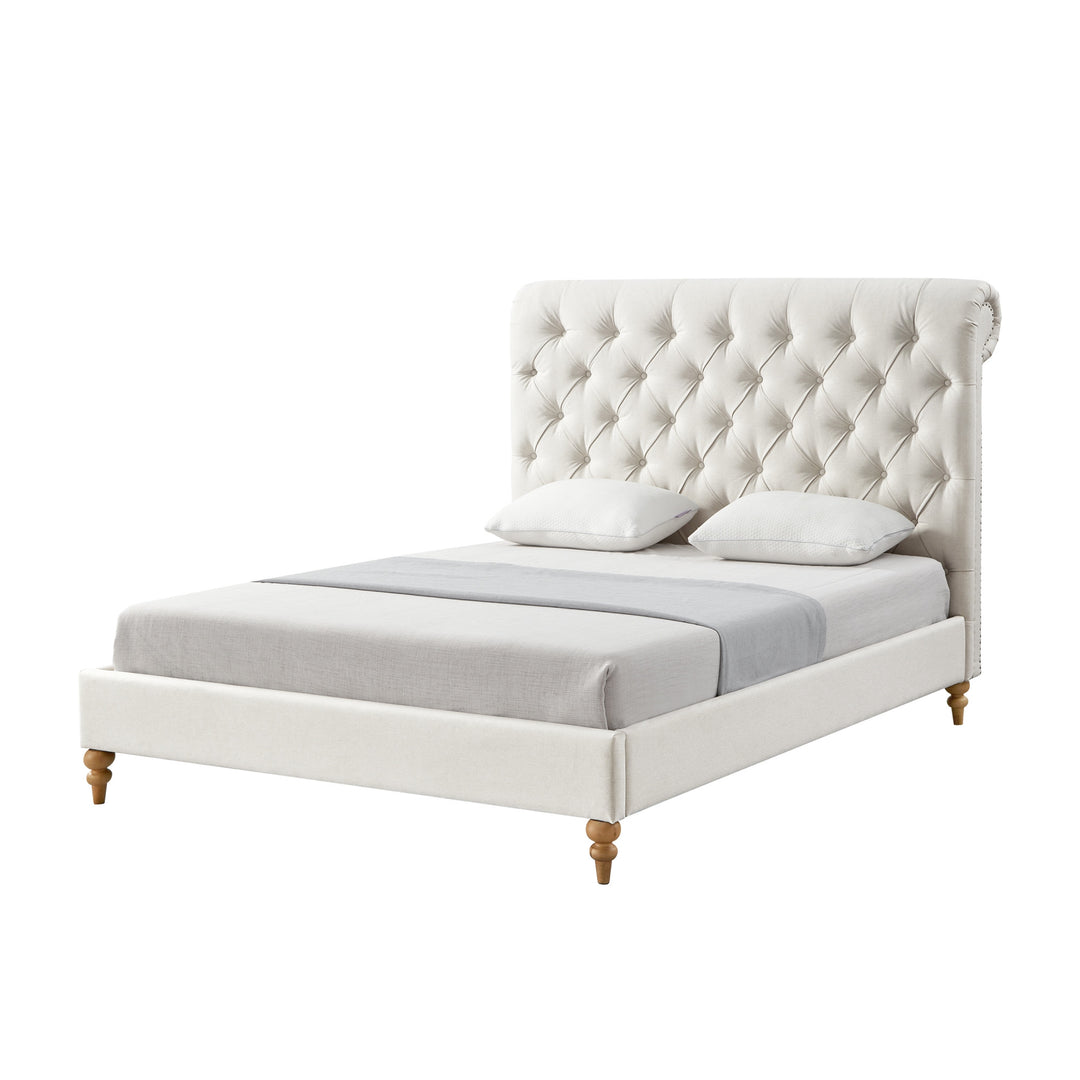 Cream Solid Wood Twin Tufted Upholstered Linen Bed with Nailhead Trim