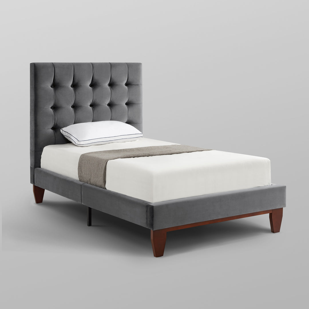 Gray Solid Wood Twin Tufted Upholstered Velvet Bed