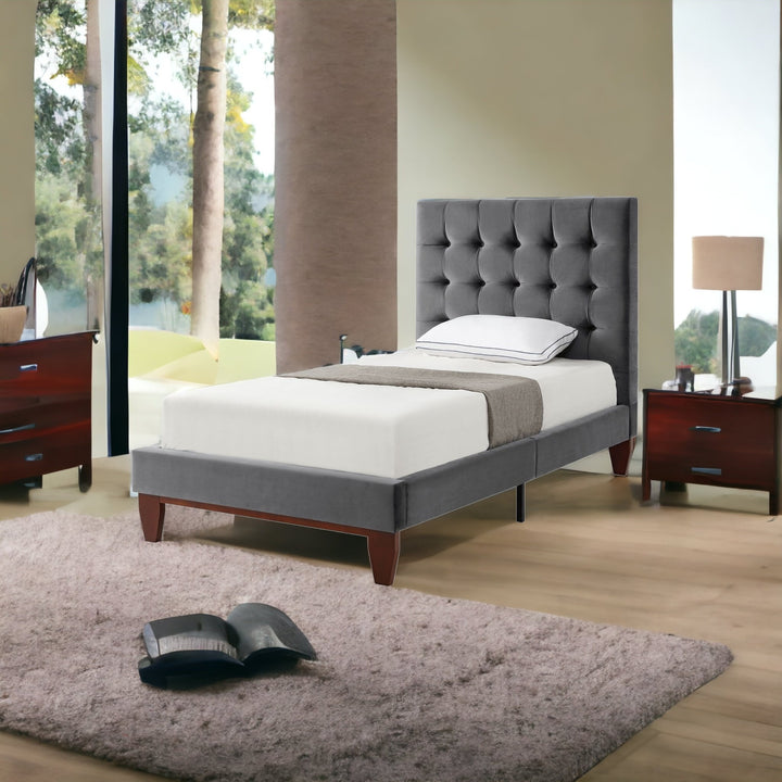 Gray Solid Wood Twin Tufted Upholstered Velvet Bed