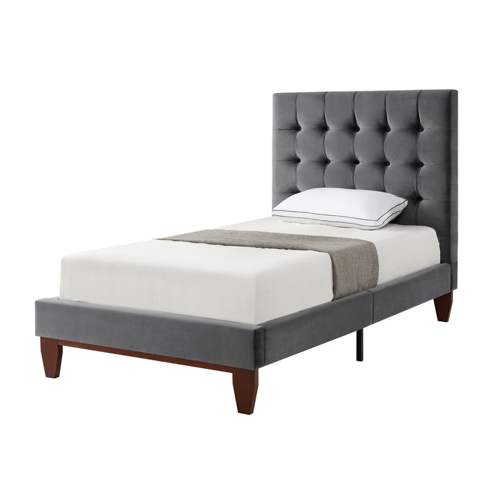 Gray Solid Wood Twin Tufted Upholstered Velvet Bed