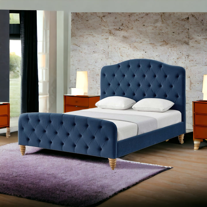 Navy Blue Solid Wood Twin Tufted Upholstered Velvet Bed