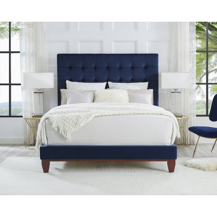 Navy Blue Solid Wood King Tufted Upholstered Velvet Bed