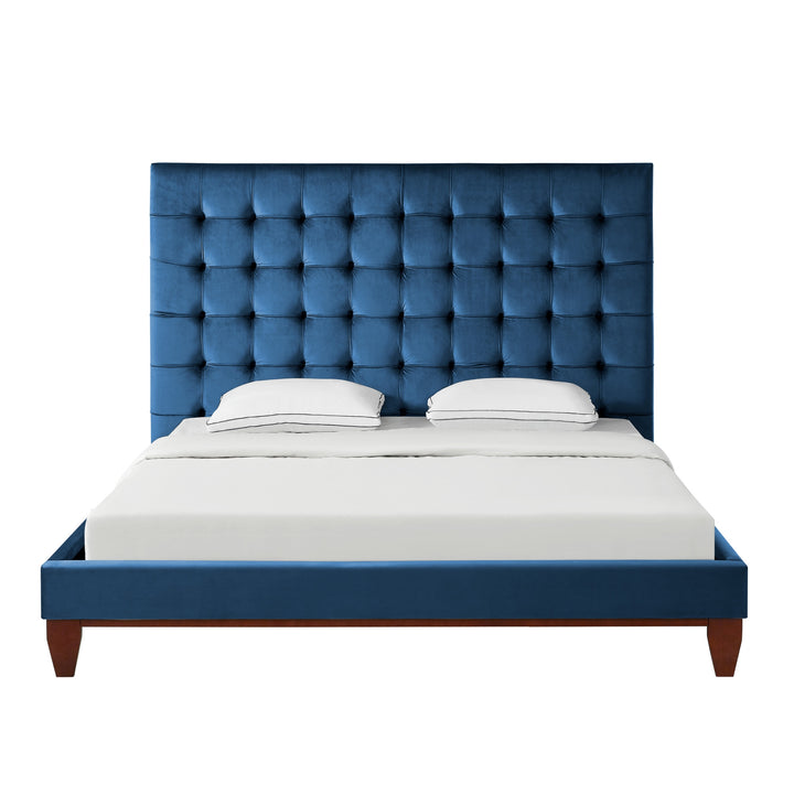 Navy Blue Solid Wood King Tufted Upholstered Velvet Bed