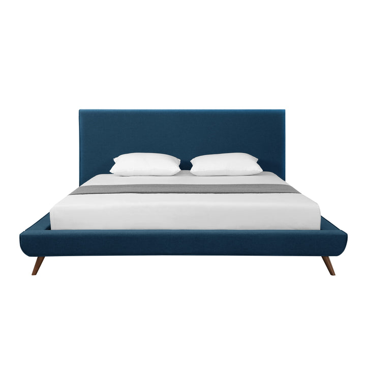 Denim Blue Solid Wood King Upholstered Linen Bed