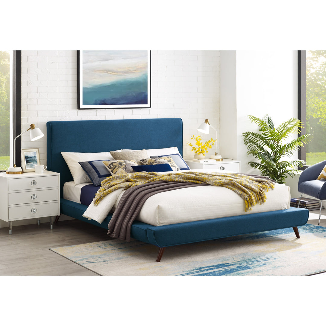 Denim Blue Solid Wood King Upholstered Linen Bed