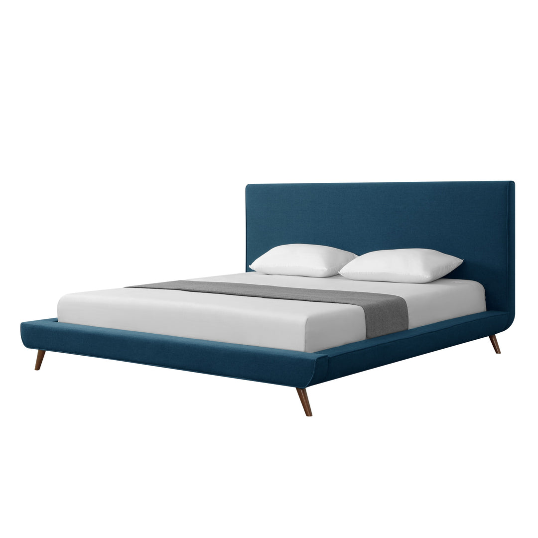 Denim Blue Solid Wood King Upholstered Linen Bed